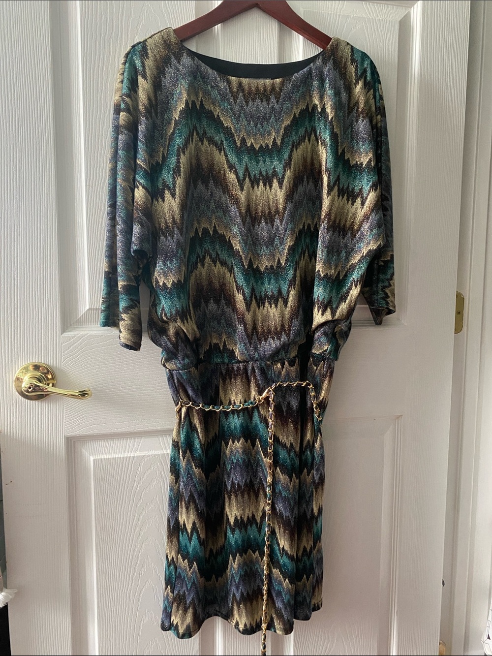 Belted Metallic Chevron Green, Blue & Gold Knee-Length Dress w/ Elastic Waist 16